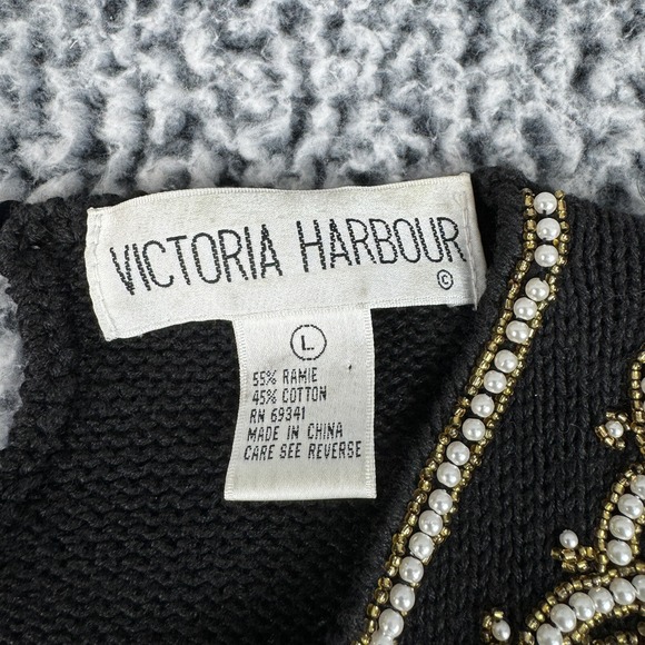 Victoria Harbour Vintage Sweater Black Knit Pullover Beige Gold Bead Design Sz L - Picture 12 of 16